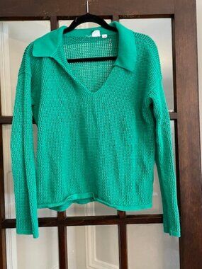 Gap Green Waffle Knit Cotton V-Neck Collared Sweater, Size Large.